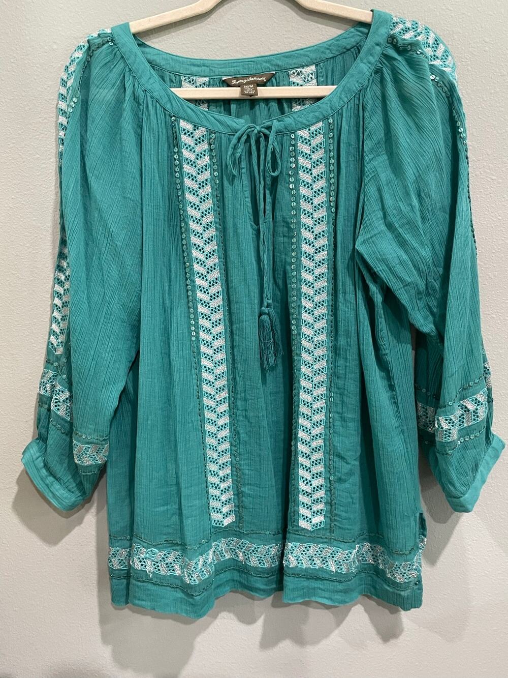 Tommy Bahama Turquoise Peasant Boho Cotton Beachy Resortwear Tunic (M)